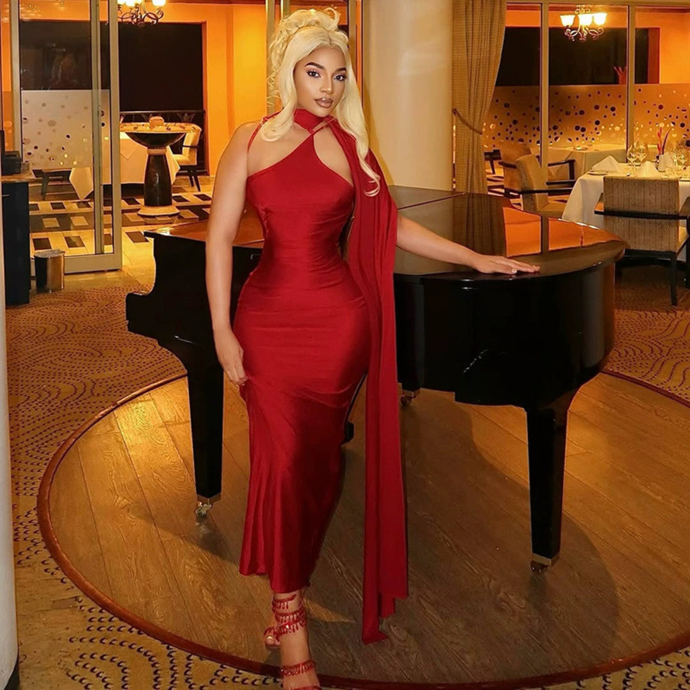 ZARA Slimming Solid Color Bodycon Party Long Dress with Tie Waist